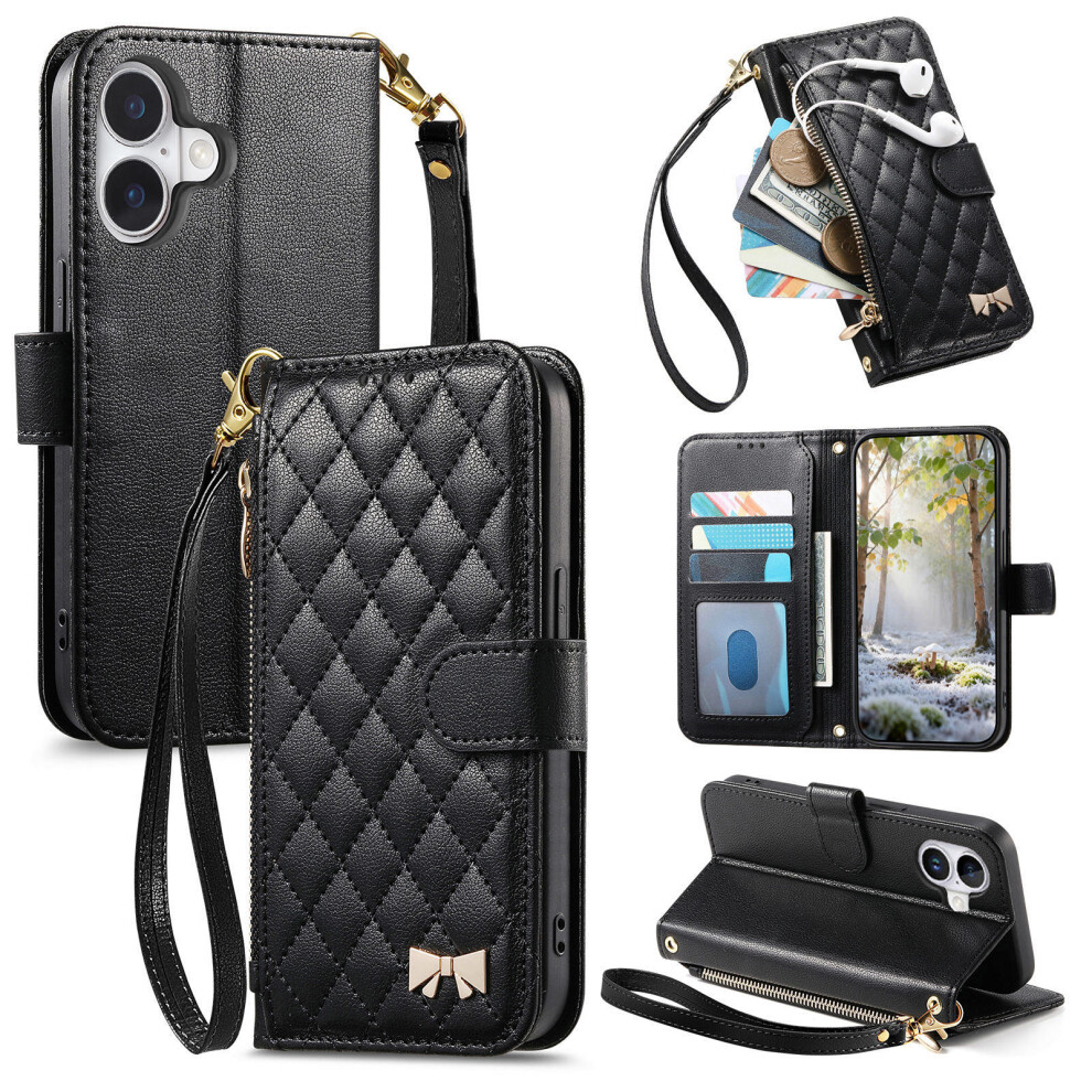(Black) For Iphone 17 Stand Case Imprint Tpu Pu Leather Zipper Pocket Wallet Phone Cover With Strap Black 6914290635368