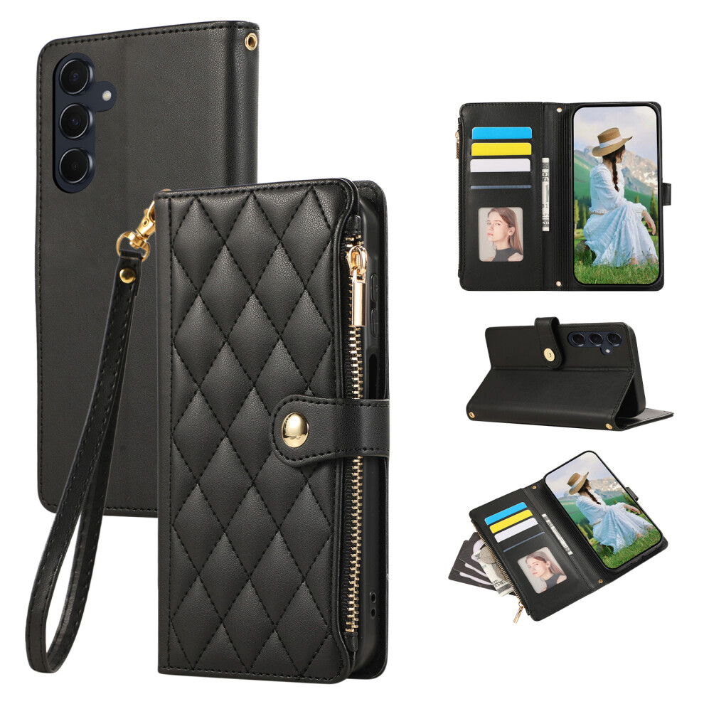 (Black) For Samsung Galaxy A37 5G Case Multi Card Slots Zipper Rhombus Leather Phone Cover With Wrist Strap Black 6914296581645