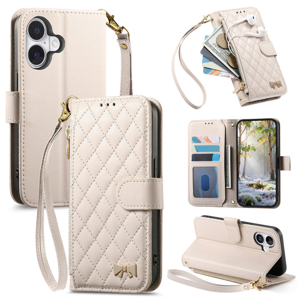 (White) For Iphone 17 Stand Case Imprint Tpu Pu Leather Zipper Pocket Wallet Phone Cover With Strap White 6914297158310