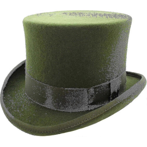 (S, Olive) Hand Made Wool Top Hat Satin Lined Small To Xxl-