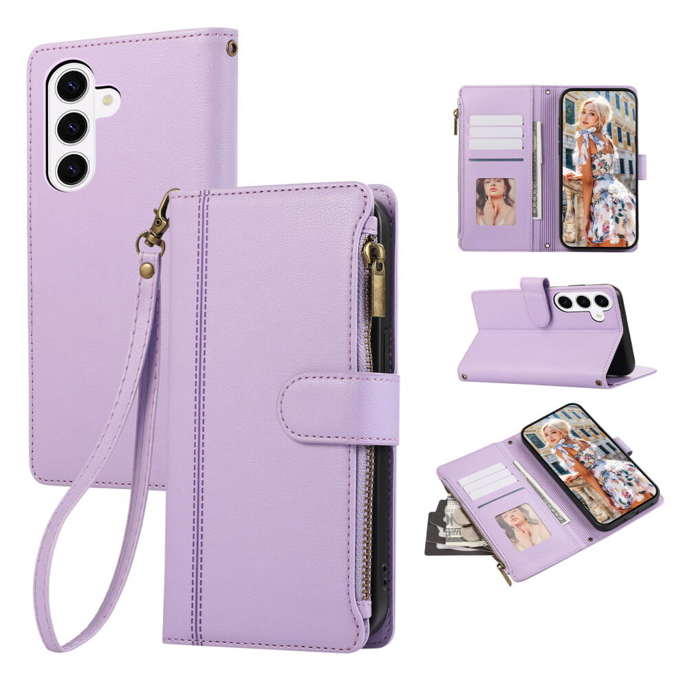 (Purple) For Samsung Galaxy A37 5G Case Multi Card Slots Zipper Leather Phone Cover With Wrist Strap Purple 6914295683890