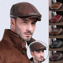 (XL(57-58cm), brown) Men's Genuine Leather Beret Hunting Cap Cowhide Leather Warm Hat for Men!ZZ49