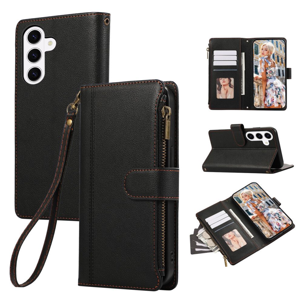 (Black) For Samsung Galaxy A57 5G Case Multi Card Slots Zipper Leather Phone Cover With Wrist Strap Black 6914292757488