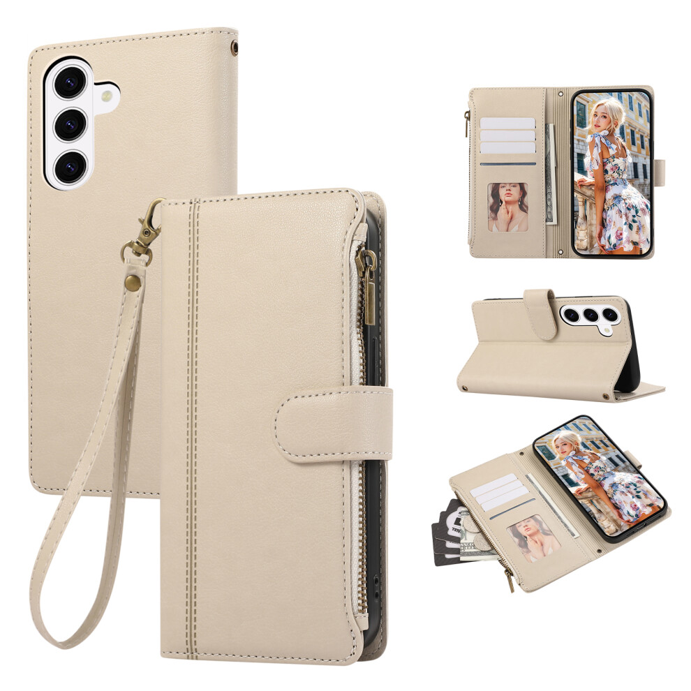 (Beige) For Samsung Galaxy A57 5G Case Multi Card Slots Zipper Leather Phone Cover With Wrist Strap Cream 6914293078339