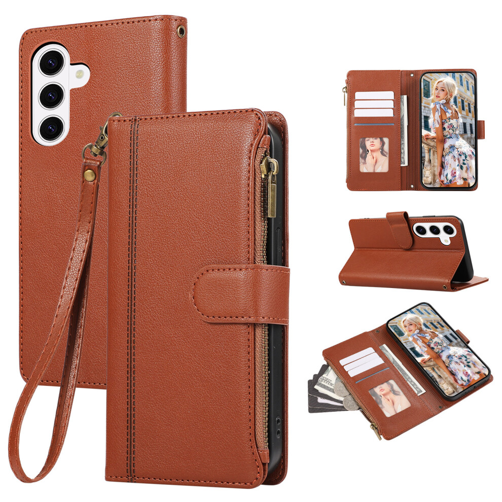 (Brown) For Samsung Galaxy A57 5G Case Multi Card Slots Zipper Leather Phone Cover With Wrist Strap Brown 6914296018257