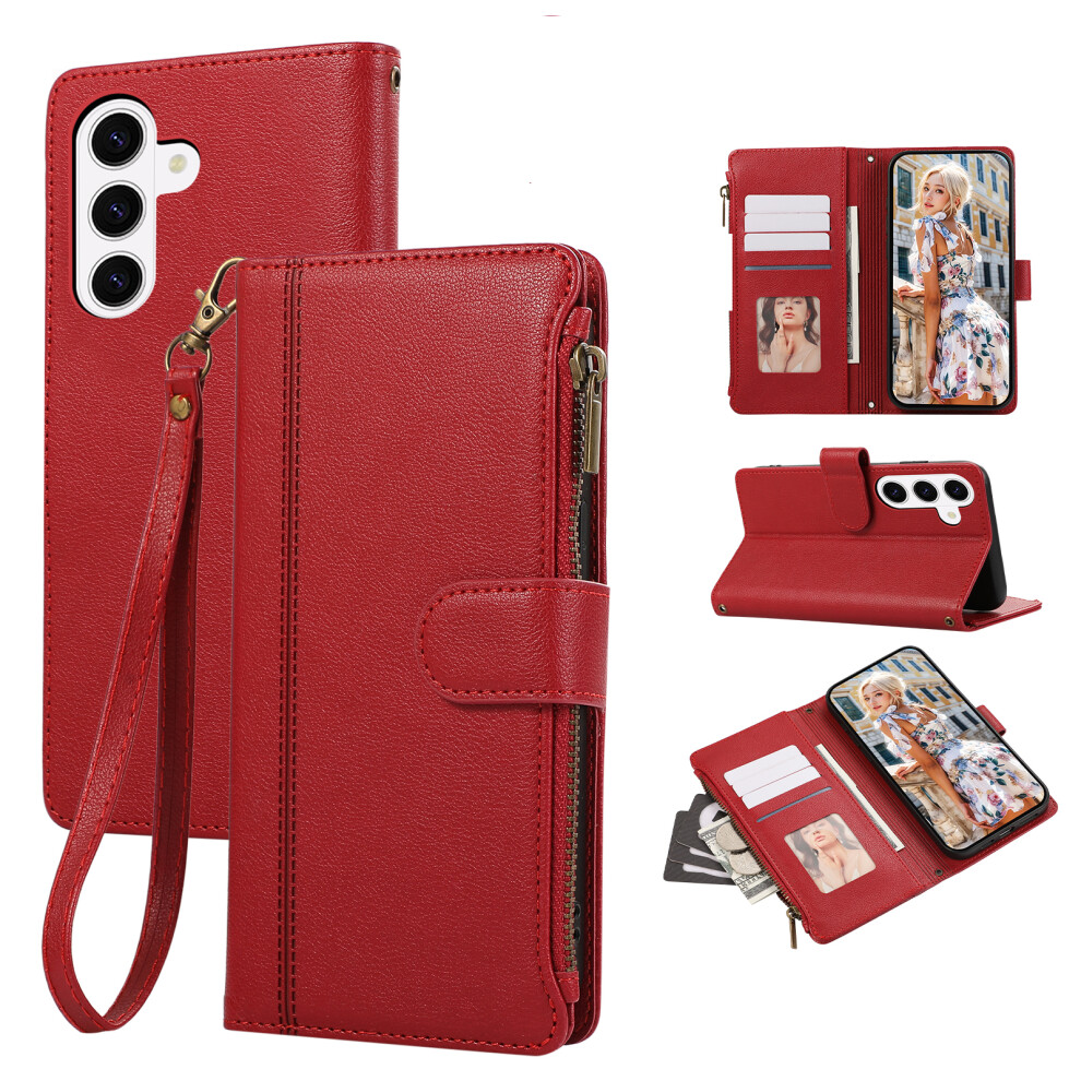 (Red) For Samsung Galaxy A57 5G Case Multi Card Slots Zipper Leather Phone Cover With Wrist Strap Red 6914291223786