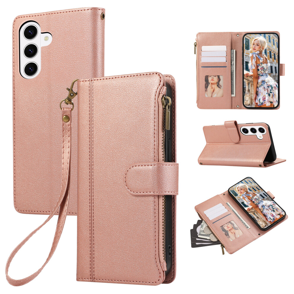 (Rose ) For Samsung Galaxy A57 5G Case Multi Card Slots Zipper Leather Phone Cover With Wrist Strap Gold 6914295127486