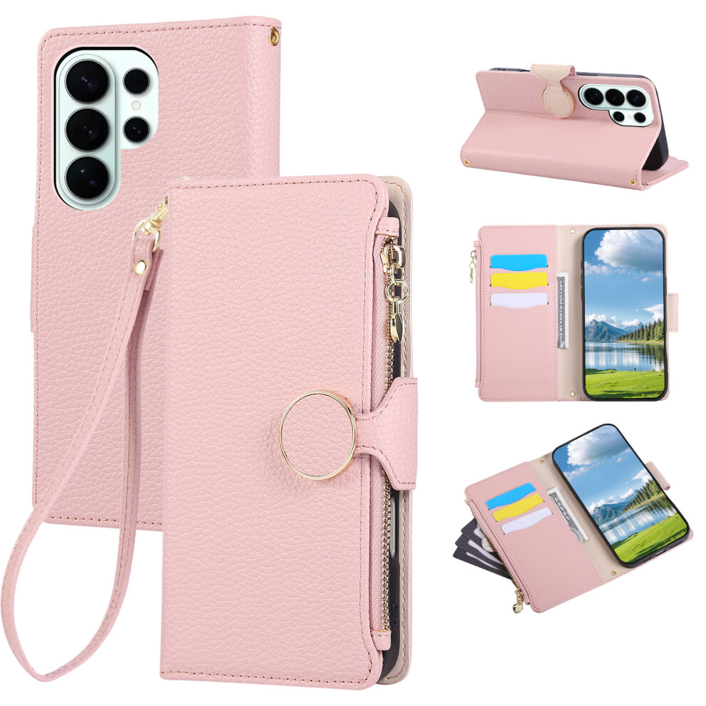 (Pink) For Samsung Galaxy S26 Ultra Case Zipper Wallet Leather Phone Cover With Wrist Strap Pink 6914297810461