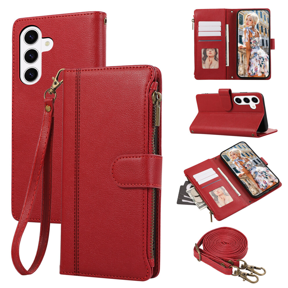 (Red) For Samsung Galaxy A37 5G Case Multi Card Slots Zipper Leather Phone Cover With Shoulder Strap / Wrist Strap Red 6914296182460