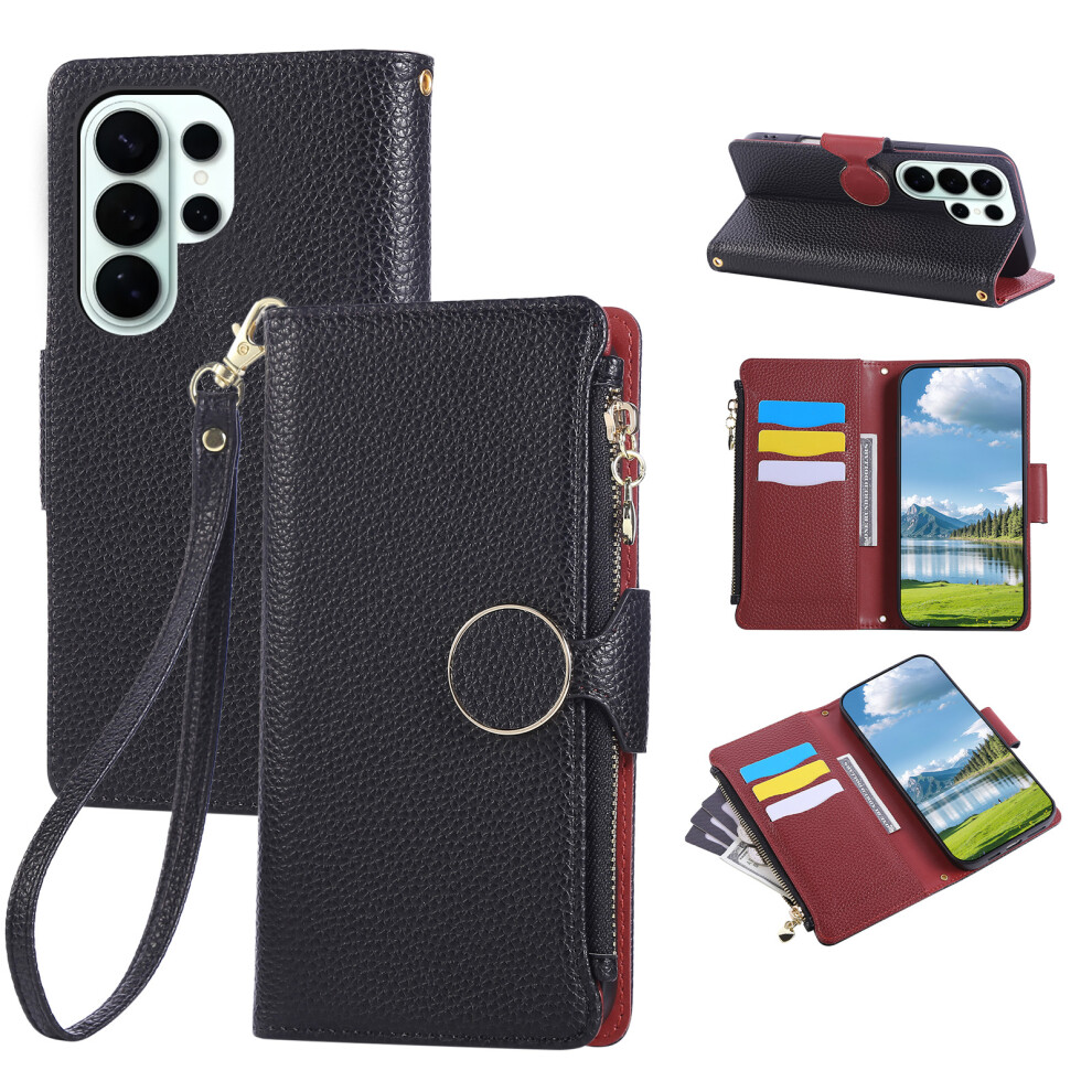(Black) For Samsung Galaxy S26 Ultra Case Zipper Wallet Leather Phone Cover With Wrist Strap Black 6914297585659