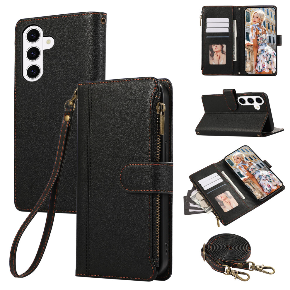 (Black) For Samsung Galaxy A37 5G Case Multi Card Slots Zipper Leather Phone Cover With Shoulder Strap / Wrist Strap Black 6914295705394