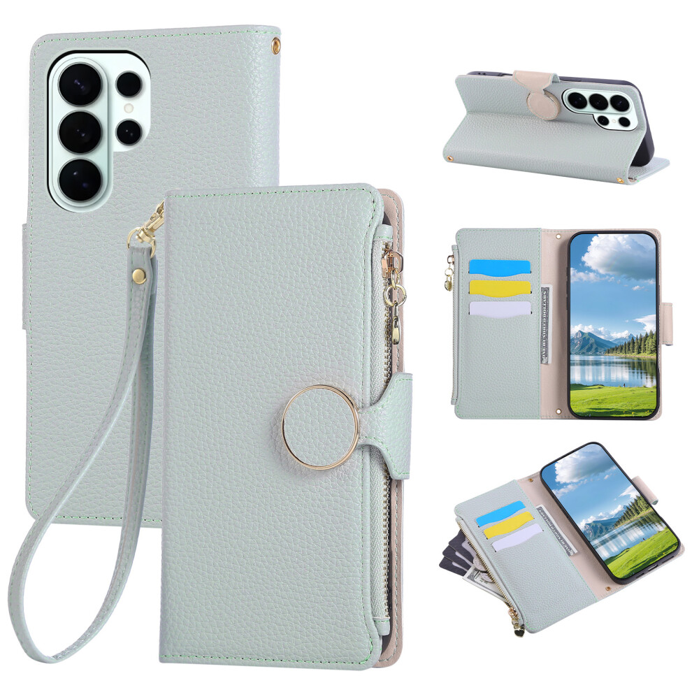(Cyan) For Samsung Galaxy S26 Ultra Case Zipper Wallet Leather Phone Cover With Wrist Strap Blue 6914296174250