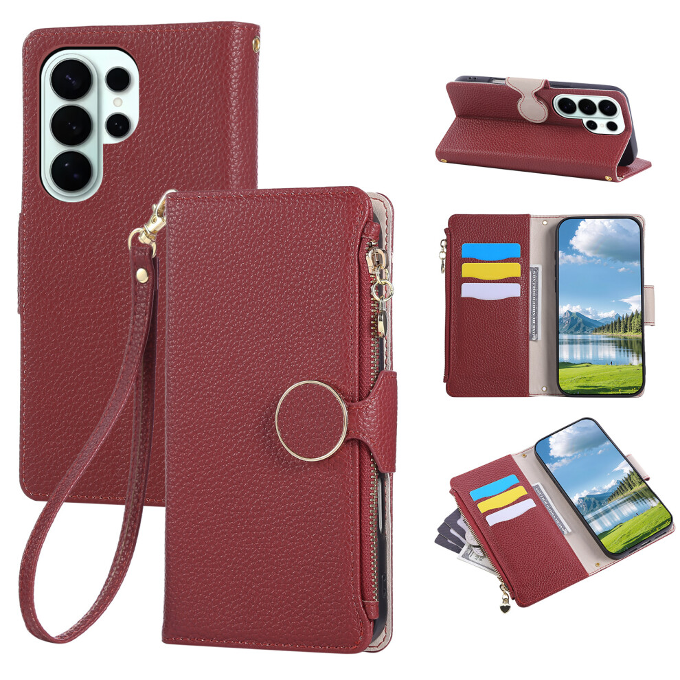 (Wine ) For Samsung Galaxy S26 Ultra Case Zipper Wallet Leather Phone Cover With Wrist Strap Red 6914299762300