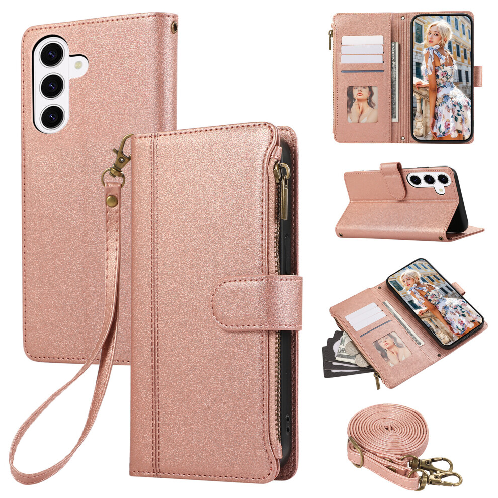 (Rose ) For Samsung Galaxy A37 5G Case Multi Card Slots Zipper Leather Phone Cover With Shoulder Strap / Wrist Strap Gold 6914299238928