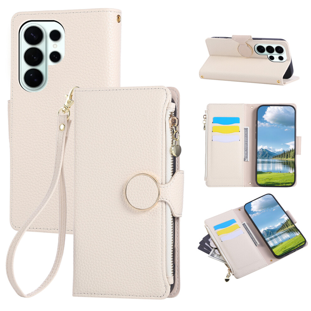 (Beige) For Samsung Galaxy S26 Ultra Case Zipper Wallet Leather Phone Cover With Wrist Strap Cream 6914292304958