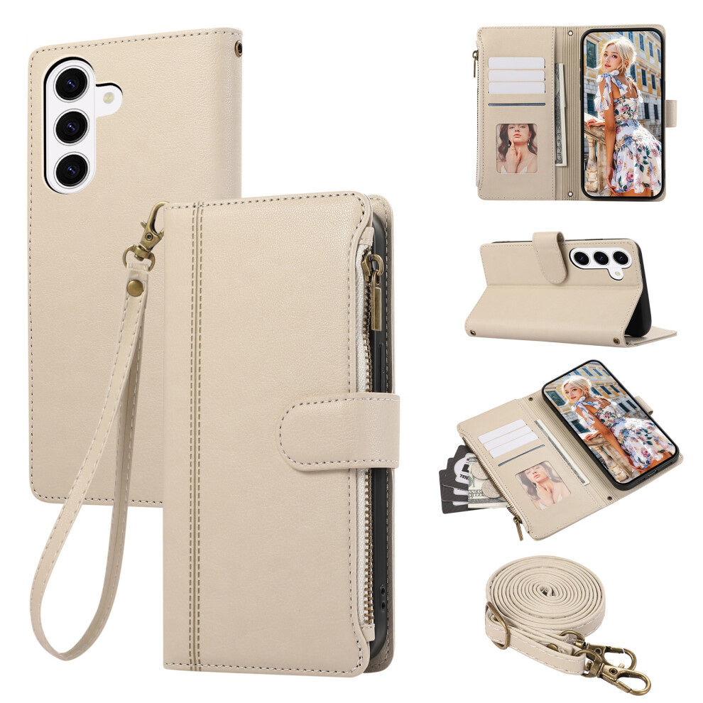 (Beige) For Samsung Galaxy A37 5G Case Multi Card Slots Zipper Leather Phone Cover With Shoulder Strap / Wrist Strap Cream 6914297287072