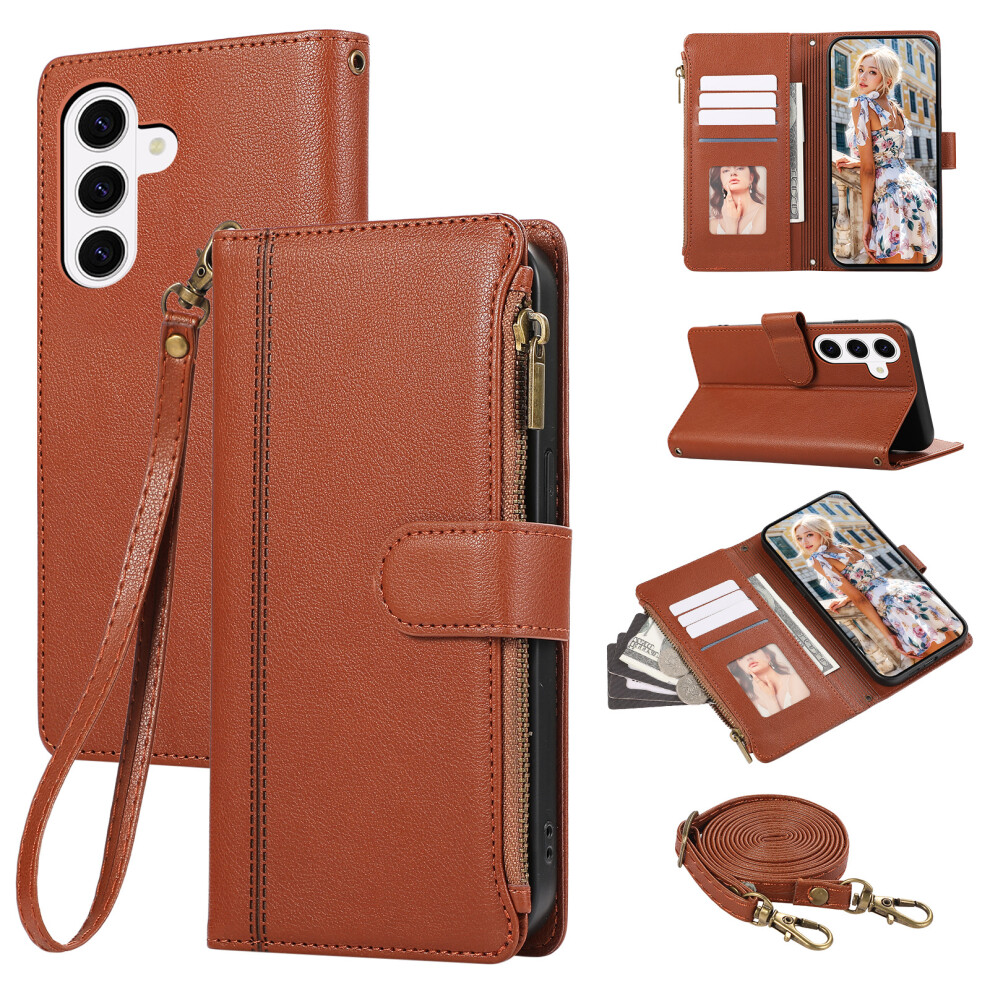 (Brown) For Samsung Galaxy A57 5G Case Multi Card Slots Zipper Leather Phone Cover With Shoulder Strap / Wrist Strap Brown 6914294778818