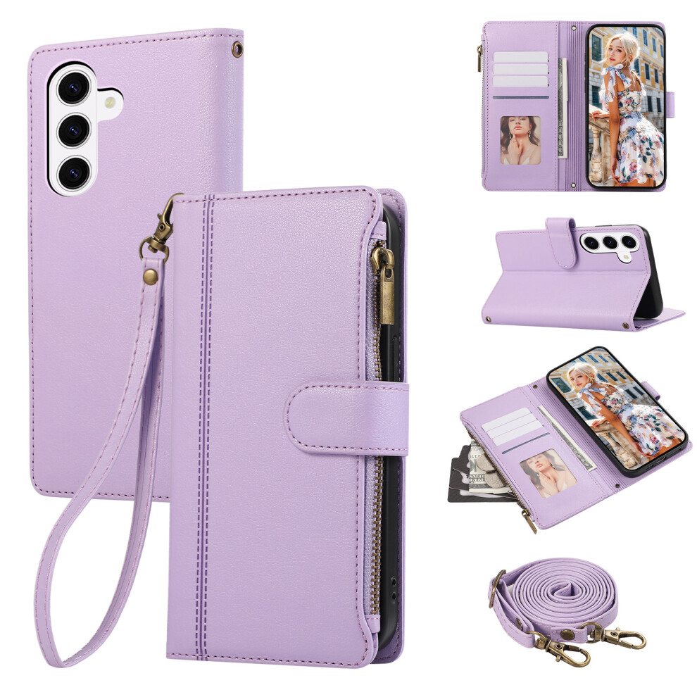 (Purple) For Samsung Galaxy A57 5G Case Multi Card Slots Zipper Leather Phone Cover With Shoulder Strap / Wrist Strap Purple 6914290009718