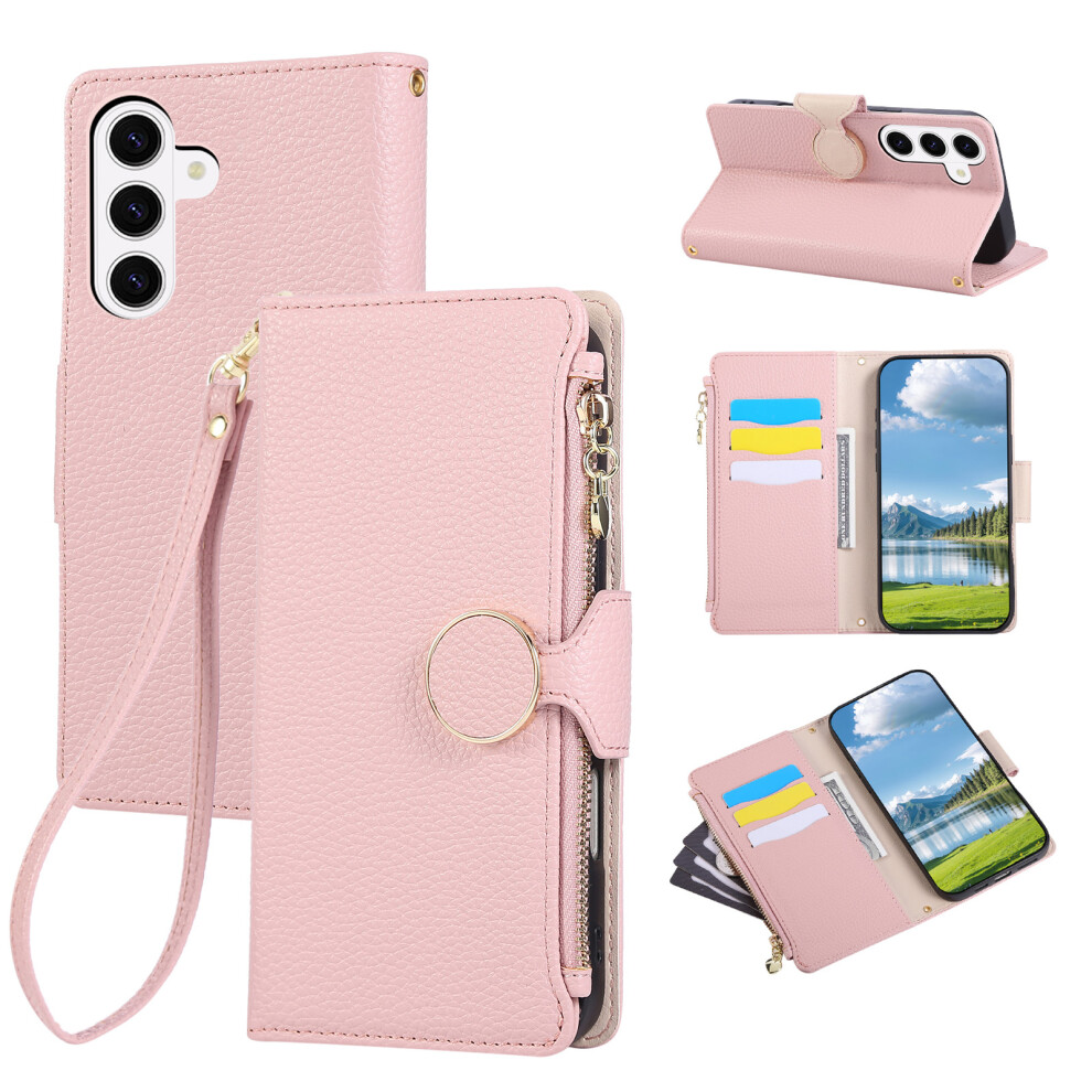 (Pink) For Samsung Galaxy S26 Case Zipper Wallet Leather Phone Cover With Wrist Strap Pink 6914292796289