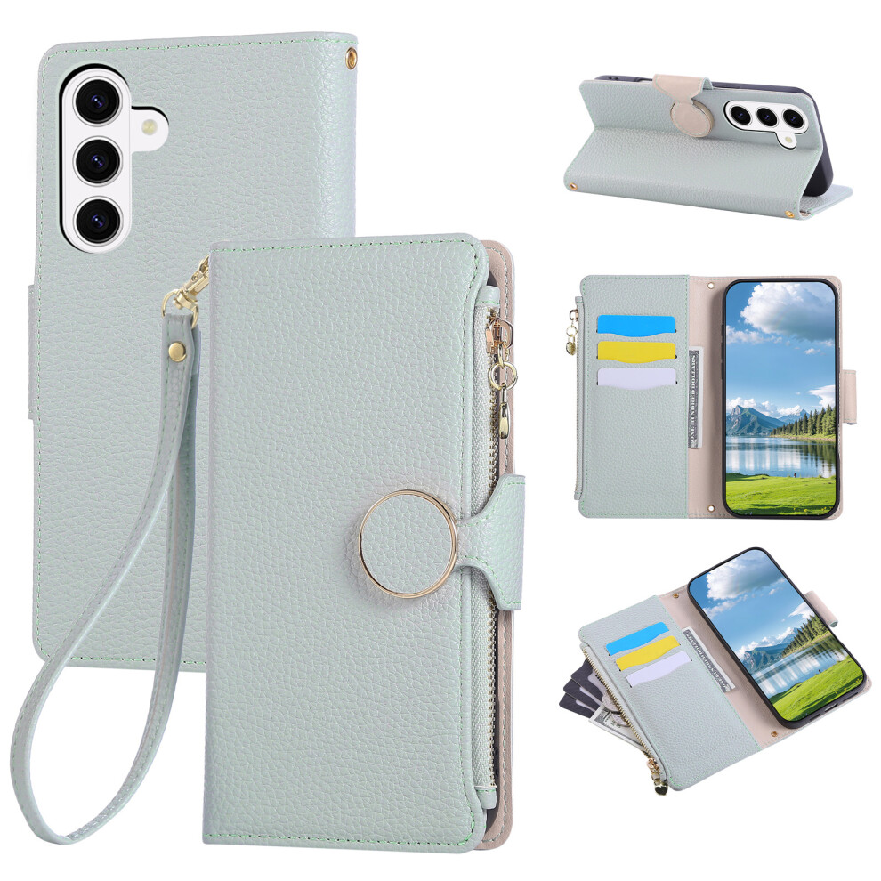 (Cyan) For Samsung Galaxy S26 Case Zipper Wallet Leather Phone Cover With Wrist Strap Blue 6914294818651