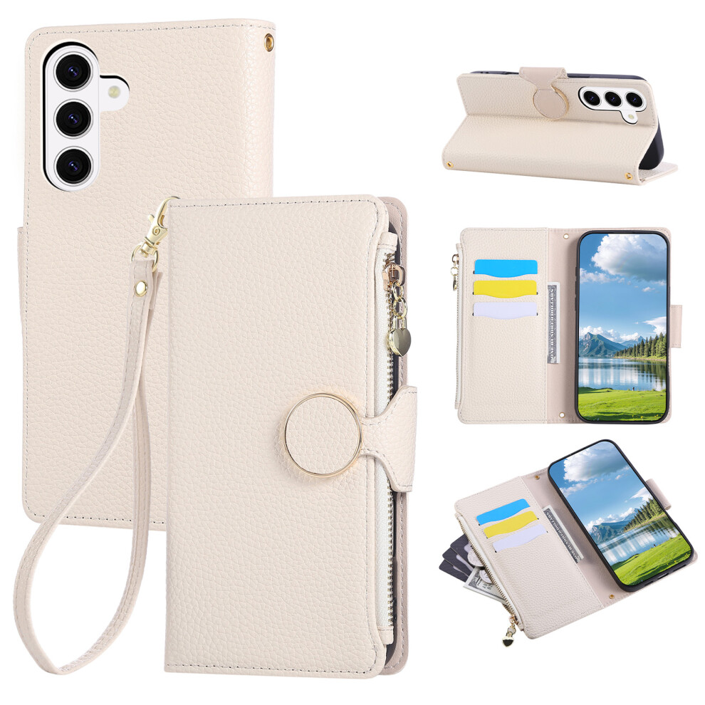 (Beige) For Samsung Galaxy S26+ Case Zipper Wallet Leather Phone Cover With Wrist Strap Cream 6914295302203