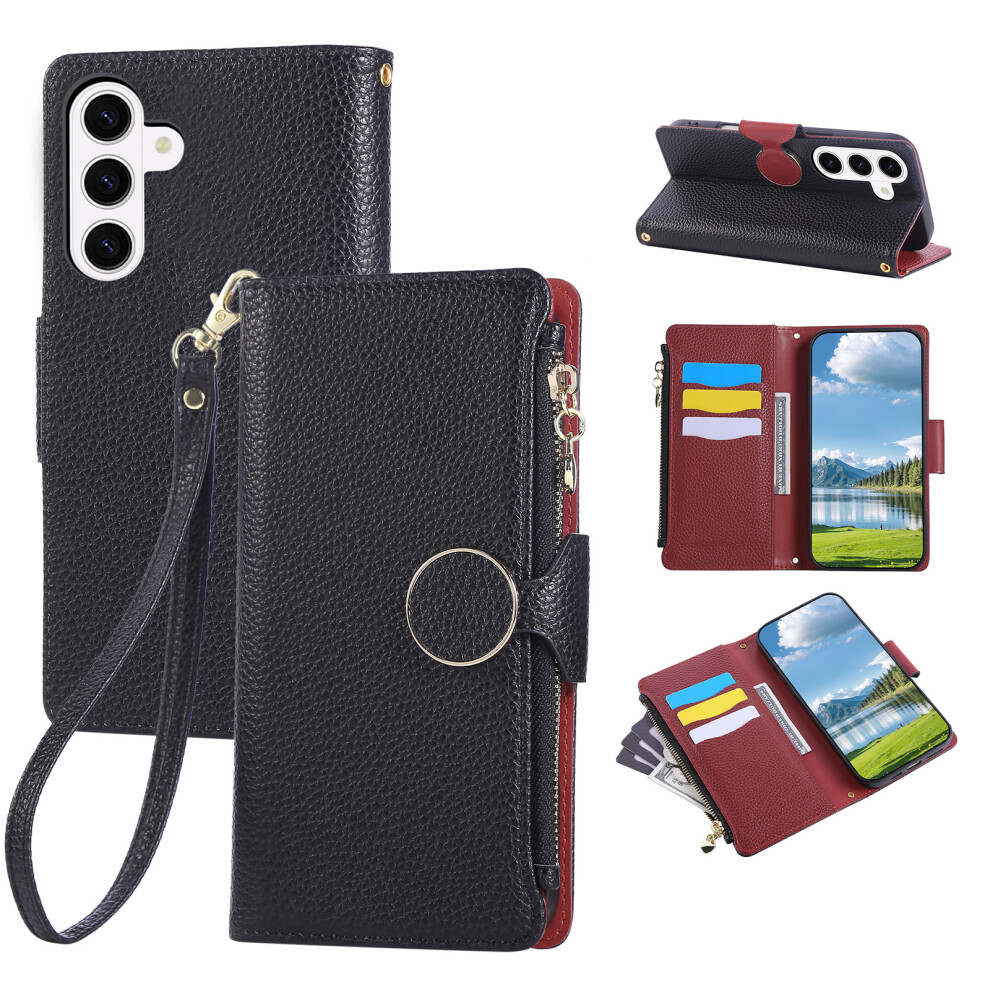 (Black) For Samsung Galaxy S26 Case Zipper Wallet Leather Phone Cover With Wrist Strap Black 6914297644486