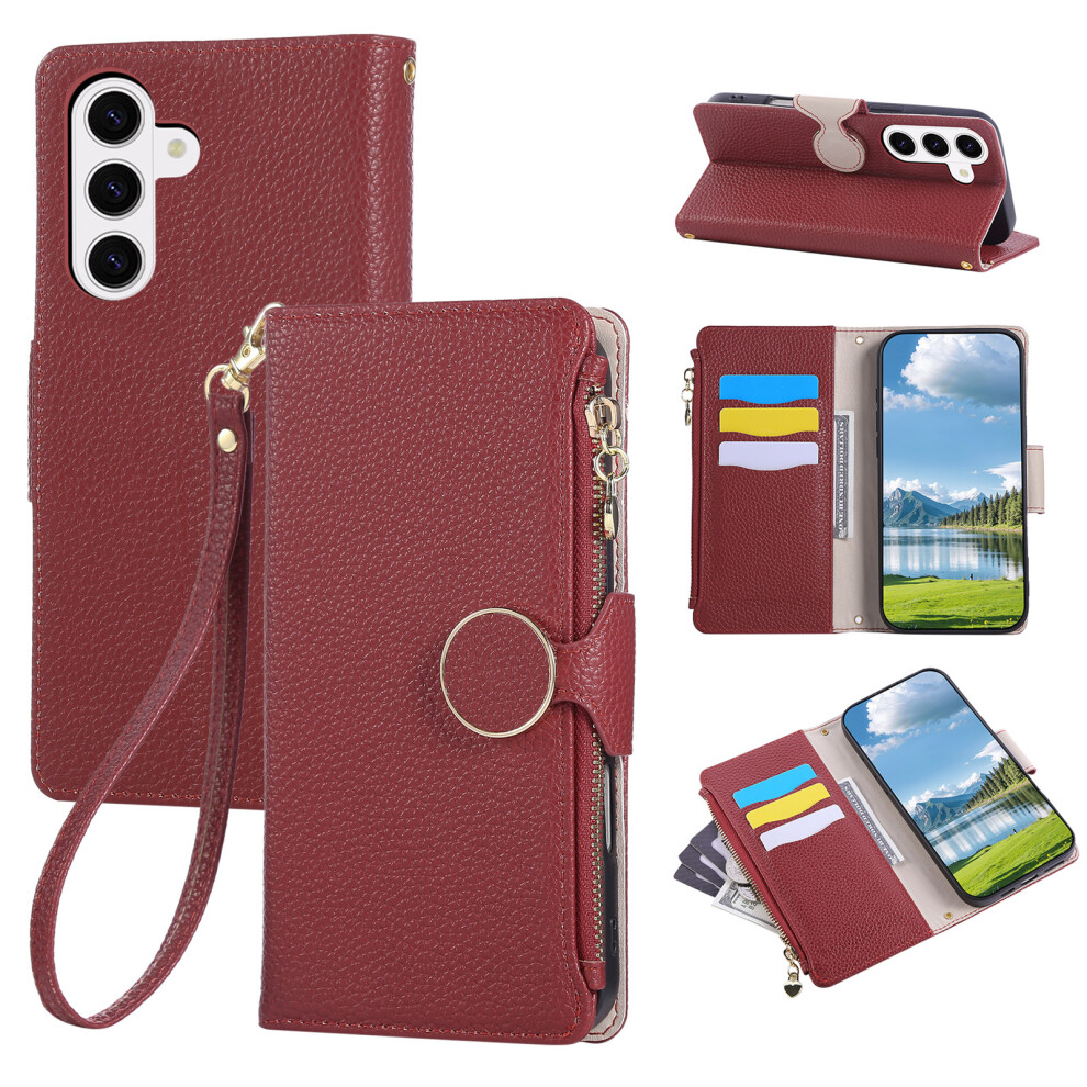 (Wine ) For Samsung Galaxy S26 Case Zipper Wallet Leather Phone Cover With Wrist Strap Red 6914297254050