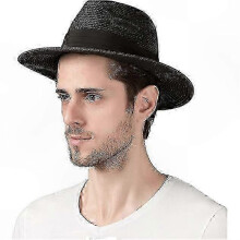 (L, Black) Men's Wide Brim Straw Hat for Summer Beach and Outdoor Use