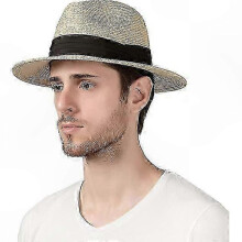 (M, Beige) Men's Wide Brim Straw Hat for Summer Beach and Outdoor Use