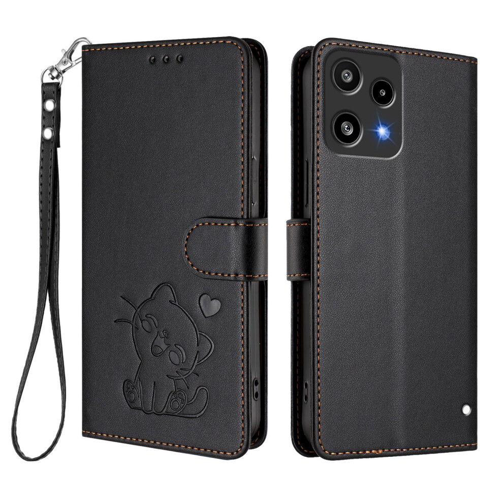 (Black) For Nothing Phone (3A) Lite 5G Wallet Case With Wrist Strap Love Cat Pattern Imprint Leather Phone Cover Black 6914298010921