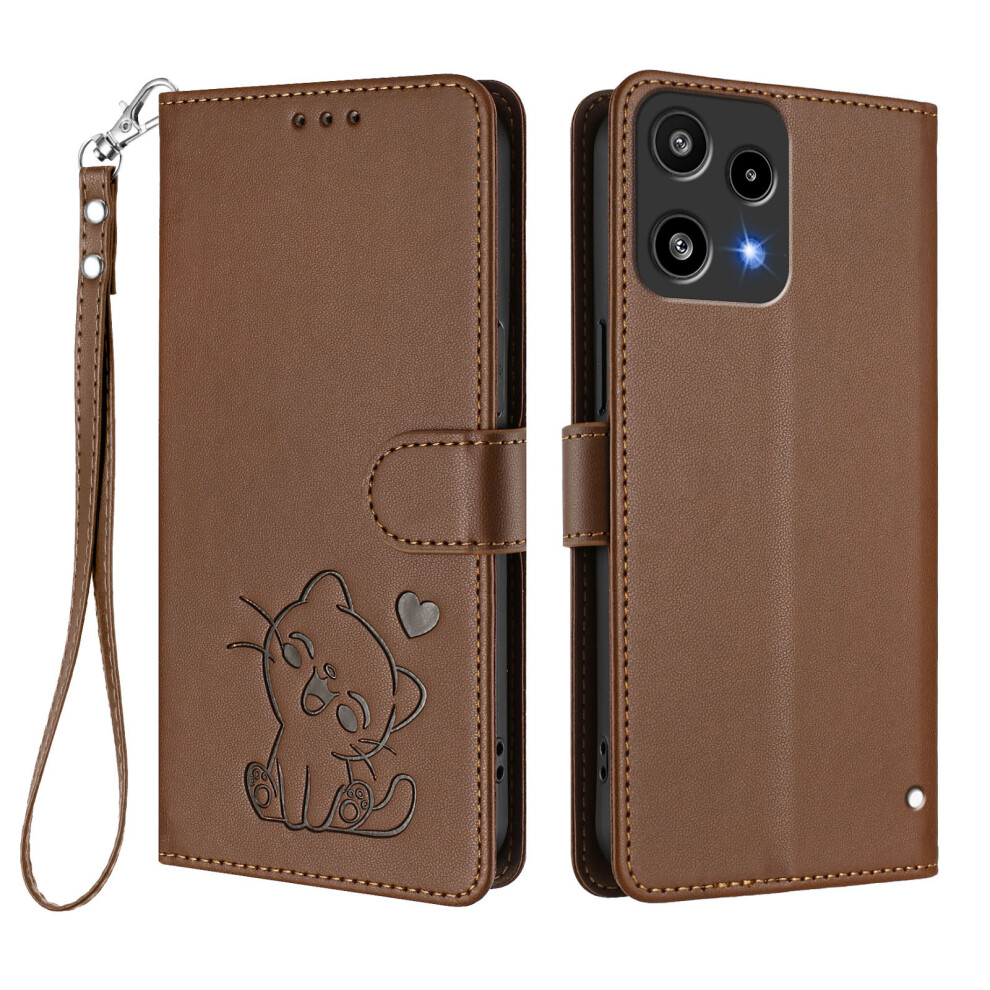 (Brown) For Nothing Phone (3A) Lite 5G Wallet Case With Wrist Strap Love Cat Pattern Imprint Leather Phone Cover Brown 6914297305141
