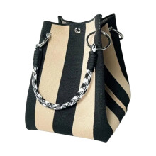 Striped Knit Bucket Bag Rope Handle Toted Bag with Metal-4