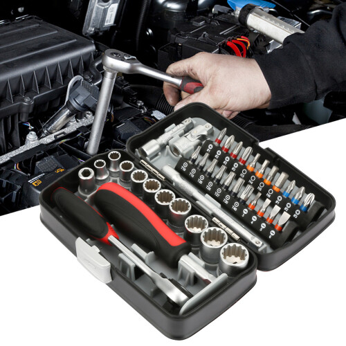 38 Piece Mini Ratchet Tool Kit Silver Red