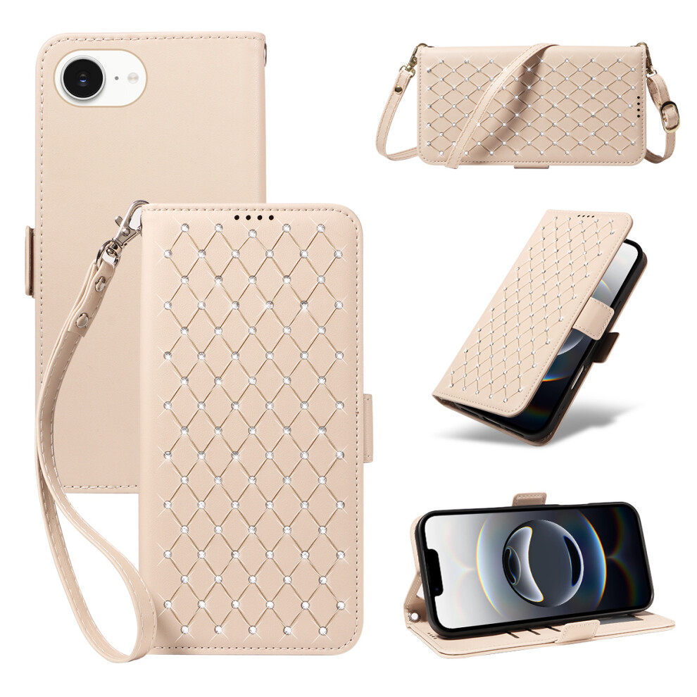 (Apricot) For Iphone 17E / 16E Leather Case Rhinestone Decor Rhombus Pattern Wallet Stand Flip Phone Cover With Straps 6914290689118