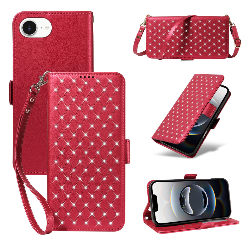 (Red) For Iphone 17E / 16E Leather Case Rhinestone Decor Rhombus Pattern Wallet Stand Flip Phone Cover With Straps Red 6914292270208