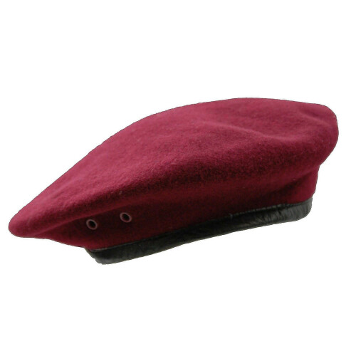 (Medium, Maroon) British Army Style Wool Mens Beret Hat Cap Leather Band
