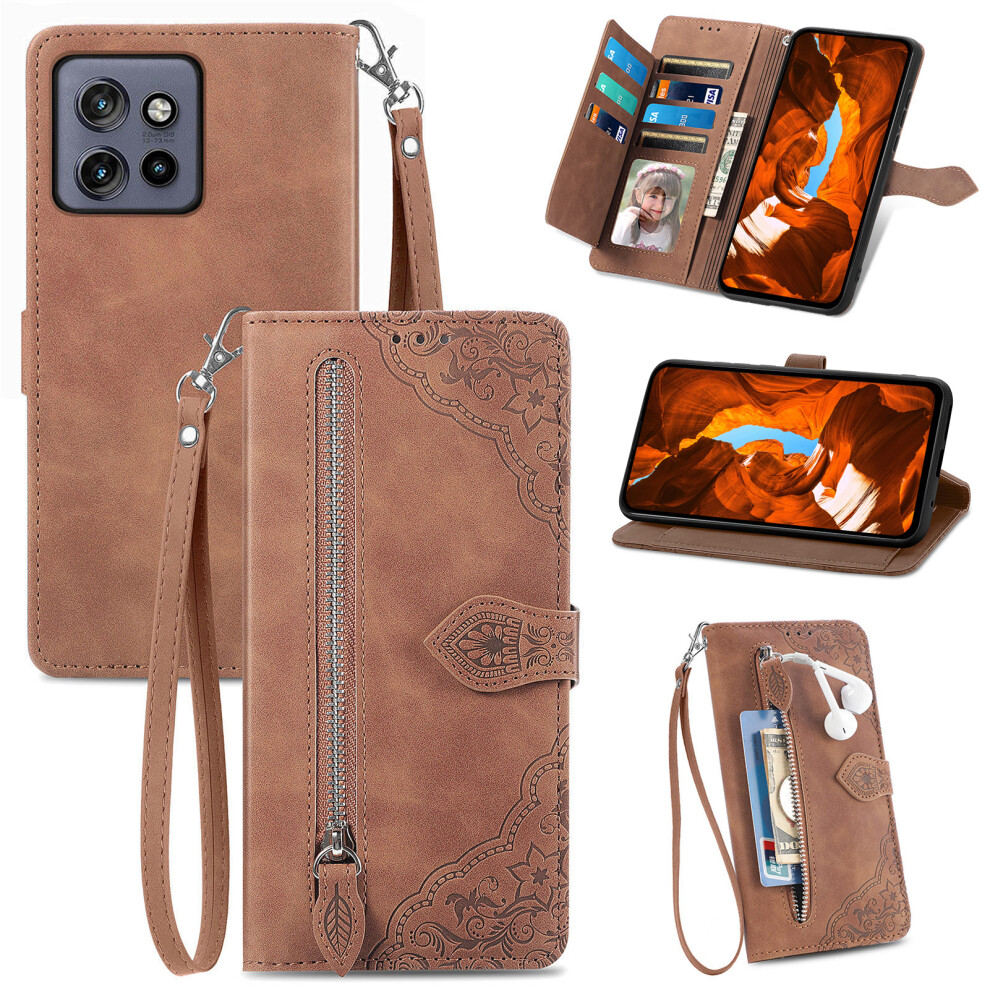 (Brown) For Motorola Edge 60 Neo 5G / Edge 50 Neo 5G / Moto S50 5G / Thinkphone 25 5G Zipper Wallet Case With Strap Flower Impri Brown 6914299764847