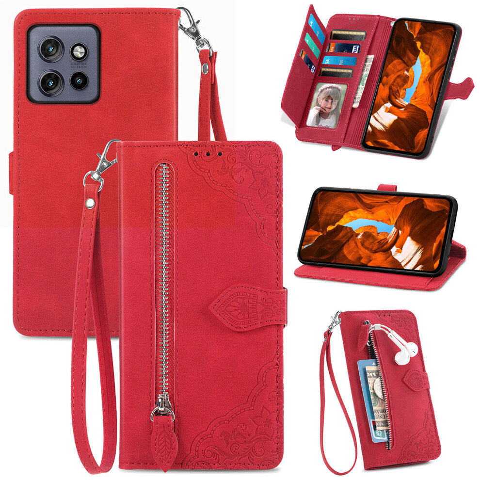 (Red) For Motorola Edge 60 Neo 5G / Edge 50 Neo 5G / Moto S50 5G / Thinkphone 25 5G Zipper Wallet Case With Strap Flower Impri Red 6914293768018
