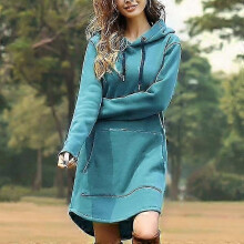 Women's Pocket Hoodie Dress, Solid Color Long Sleeve Sweatshirt for Autumn