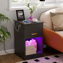 Single Drawer Flip Top Wooden Bedside Cabinet Open Shelf Nightstand with 2AC 2USB Charging Light UK Plug Black