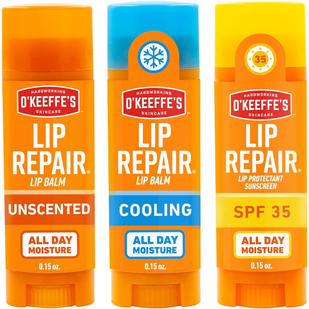 O'keeffe's Lip Repair Lip Balm Set For Dry, Cracked Lips - Stick (Pack Of 3: 1 Cooling + 1 Unscented + 1 Spf) - Moisturizer For For Extremely Cracked