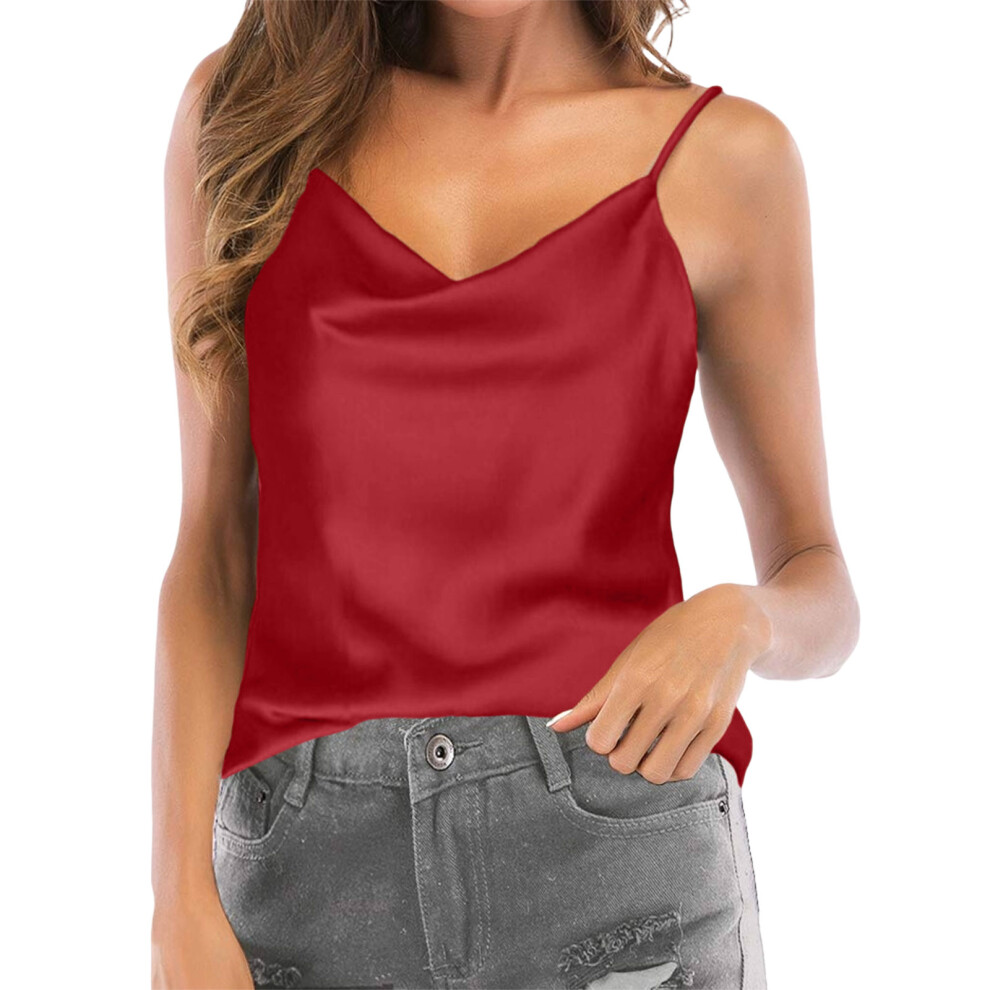 Red Women's Spaghetti Strap V-Neck Satin Vest, Draped Neck- S