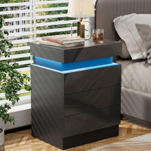 3-Drawer LED Bedside Cabinet Bluetooth Light Strip Wooden Nightstand with 2AC 2USB Charging Port UK Plug Black