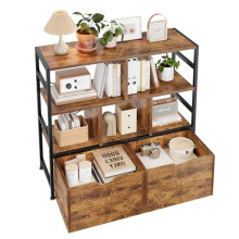 Dripex 4 Tier Wooden Rustic Brown Standing Shelves, 33D x 100W x 90H cm, 5 Compartments & 2 Drawers with Swivel Casters，Display Storage Shelf with