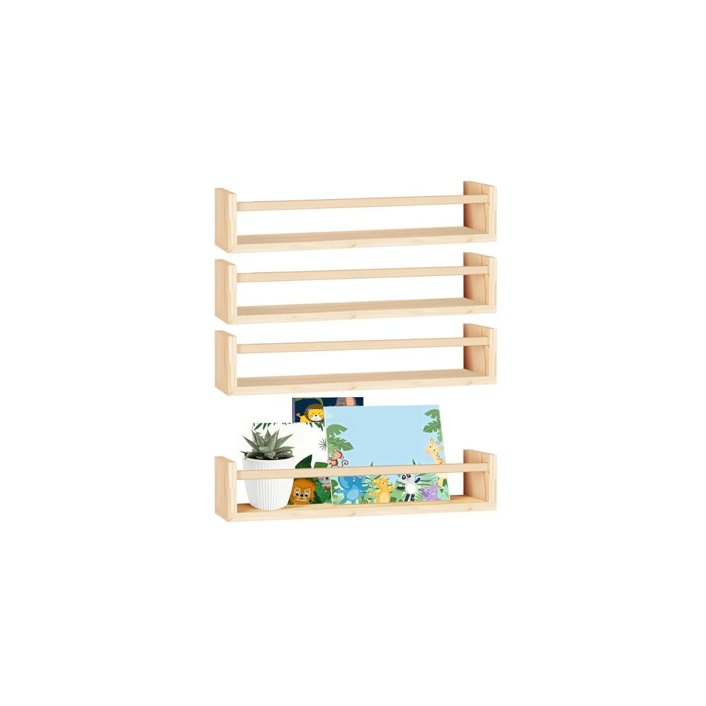Hekobag Nursery Book Shelves Set Of 4, 16.5 Inch Floating Bookshelf Solid Natural Wooden Book Floating Shelves Wall Mounted Shelves Toy Hanging 793269702159