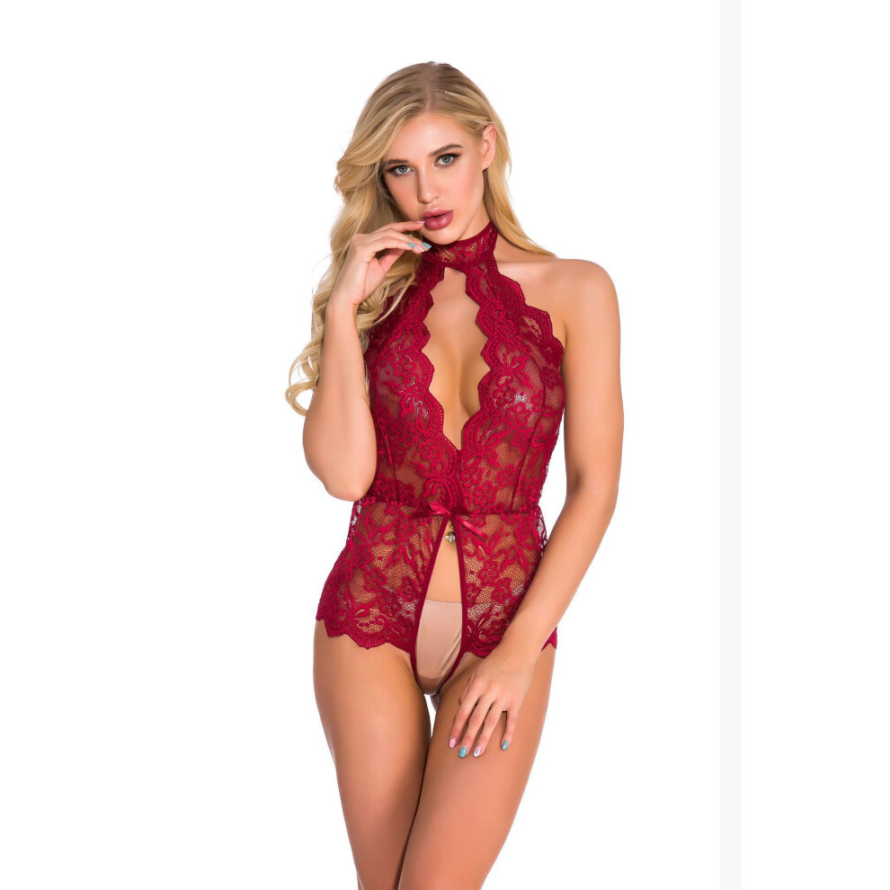 (Burgundy, XL) Sexy lingerie, sexy pajamas for women, European and American crotchless one-piece