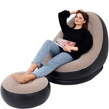 Inflatable Leisure Sofa Chair and Footstool Outdoor Folding Lounger Sofa Flocking Lazy Couch (Brown)