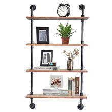 Industrial Pipe Shelving, 24inch Pipe Shelves with Wood Planks, 4 Tier Floating Shelves Wall Mounted Steampunk Real Wood Book Shelves, Retro Rustic