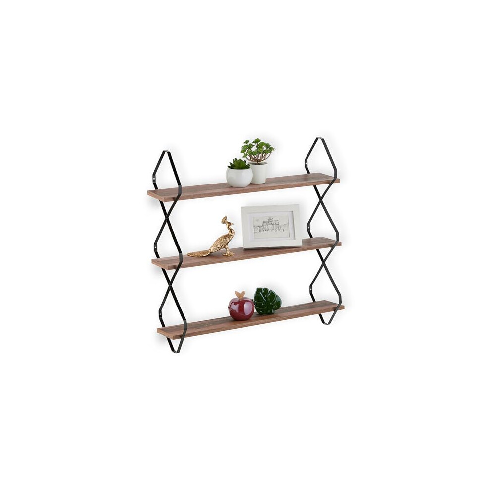 Relaxdays Wall Shelf, 3 Tiers, Decorative Storage, Hwd: 60 X 60 X 18.5 Cm, Industrial Design, Mdf & Metal, Brown/Black, Fibreboard 4052025447458