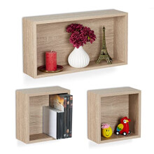 Relaxdays Set of 3 Floating Shelves, Wall Cubes in Wood Look, 2 Sizes, Decorative Display, Rectangular & Square, Natural